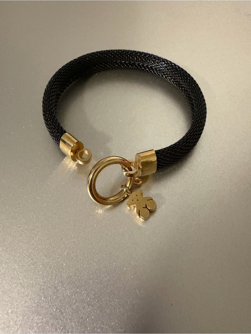 Black Mesh Bracelet with Gold Ring & Clover Charm